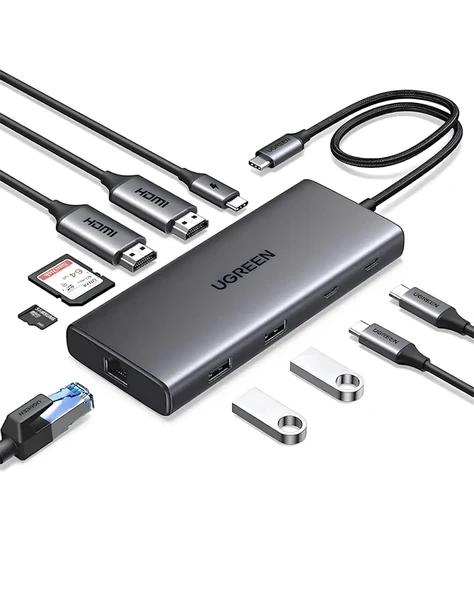 UGREEN Revodok Pro 10-in-1 1xUSB-A 3.0, 1xUSB-A 3.2 10Gbps, 2xUSB-C 3.2 10Gbps, 1xUSB-C PD 100W, 2xHDMI 4K/60Hz, SD, TF, RJ45, 45380 ürün görseli