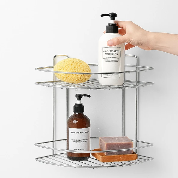 Banyo Duş Köşe Rafı İki Katlı Krom Paslanmaz Metal Şampuanlık Duvar Montajlı Düzenleyici Raf Seti - Resim 5