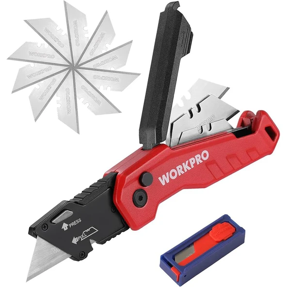 WORKPRO WP211026 Katlanır Çok Amaçlı Profesyonel Rötuş Maket Bıçağı + 14 Adet Yedek Bıçak ürün görseli