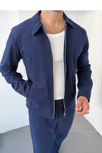 Slimfit Yakalı Astarlı Yan Cep Baggy Pantolonlu Kadife Takım - Resim 7