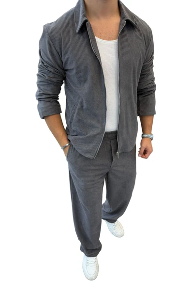 Slimfit Yakalı Astarlı Yan Cep Baggy Pantolonlu Kadife Takım - Resim 3