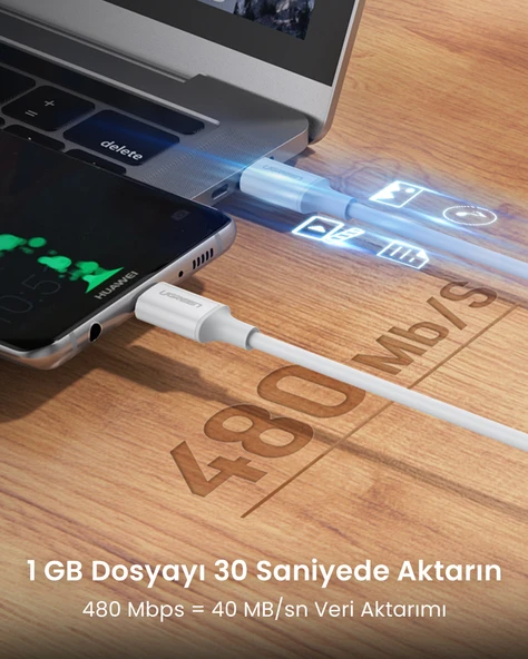 UGREEN USB-C 60W 3A QC PD Hızlı Şarj Kablosu, 0.5 Metre, Beyaz, 60517 - Resim 6