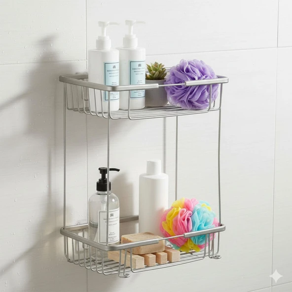 Kare İki Katlı Krom Banyo Şampuanlık Tasarım Çift Kat Duş Rafı Paslanmaz Metal Duvar Organizeri ürün görseli