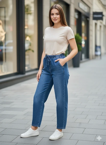 Kadın Beli Lastikli Kot Pantolon Bağcıklı Jogger Model Rahat Kesim Mavi Denim Jean ürün görseli