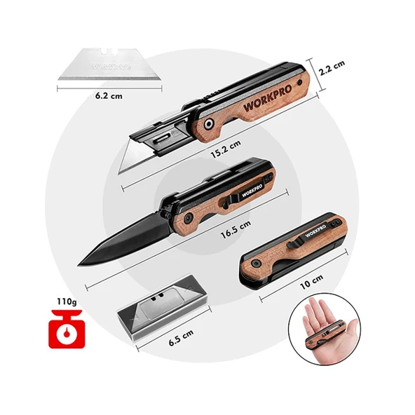 WORKPRO WP211015 2-IN-1 Ahşap Saplı Profesyonel Cep Çakısı & Katlanır Rötuş Maket Bıçağı + 11 Adet Yedek Bıçak - Resim 9