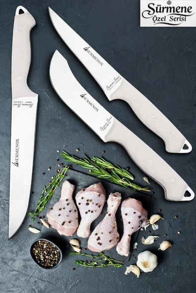 Sürmene Serisi Mutfak Bıçak Seti Yüzme Sıyırma Kasap Et Sebze Bıçağı 3 Lü Beyaz Verzalit Sap HDS-161 ürün görseli 1