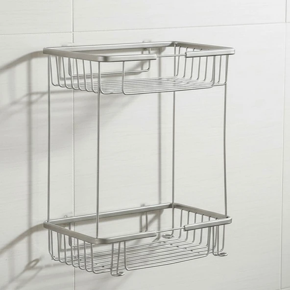 Kare İki Katlı Krom Banyo Şampuanlık Tasarım Çift Kat Duş Rafı Paslanmaz Metal Duvar Organizeri - Resim 6