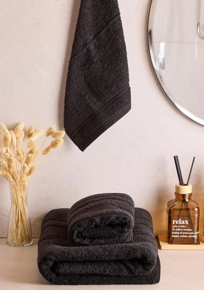 Towy Black 100% Pamuk 3'lü Banyo Havlusu Seti - Resim 3