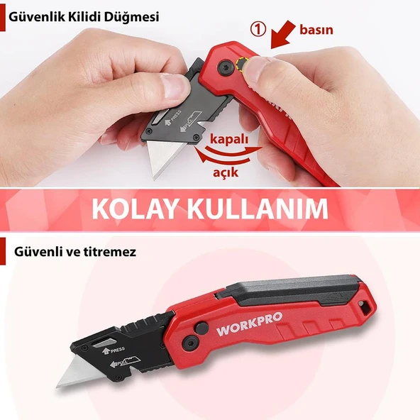 WORKPRO WP211026 Katlanır Çok Amaçlı Profesyonel Rötuş Maket Bıçağı + 14 Adet Yedek Bıçak - Resim 6