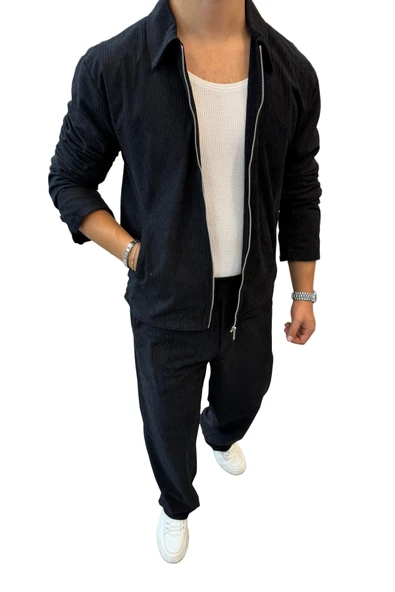 Slimfit Yakalı Astarlı Yan Cep Baggy Pantolonlu Kadife Takım - Resim 9