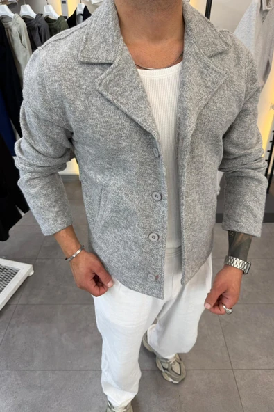 Slimfit Yakalı Düğme Kapamalı Astarsız Yan Cep Kaşe Ceket - Resim 3