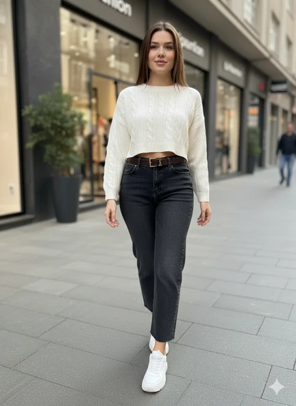 Kadın Yüksek Bel Mom Jean Kesik Paça Detaylı Gold Tokalı Kemerli Düz Kesim Denim - Resim 3