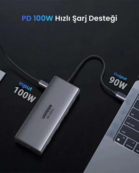 UGREEN Revodok Pro 10-in-1 1xUSB-A 3.0, 1xUSB-A 3.2 10Gbps, 2xUSB-C 3.2 10Gbps, 1xUSB-C PD 100W, 2xHDMI 4K/60Hz, SD, TF, RJ45, 45380 - Resim 3