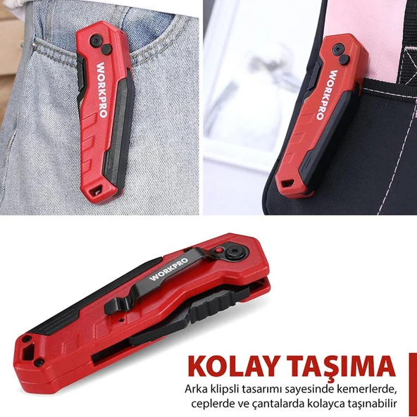 WORKPRO WP211026 Katlanır Çok Amaçlı Profesyonel Rötuş Maket Bıçağı + 14 Adet Yedek Bıçak - Resim 8