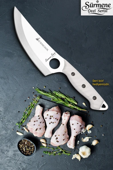 Sürmene Serisi Sivri Mutfak Şef Bıçağı Bıçak Kamp Bıçağı Deri Kılıflı Beyaz Verzalit Sap HDS-154 ürün görseli 1