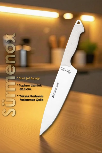 Sürmene Serisi Sivri Mutfak Şef Bıçak Et Ekmek Sebze Salata Şef Bıçağı Beyaz Verzalit Sap HDS-159 - Resim 2