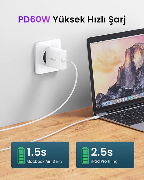 UGREEN USB-C 60W 3A QC PD Hızlı Şarj Kablosu, 0.5 Metre, Beyaz, 60517 - Resim 5