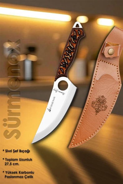Sürmene Serisi Sivri Mutfak Şef Bıçağı Bıçak Kamp Bıçağı Deri Kılıflı Kahve Verzalit Sap HDS-125 - Resim 2