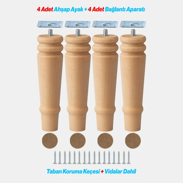 Bohem 20 cm Doğal Ahşap Ayak 4 ADET SET Boyasız Silindir Mobilya Koltuk Kanepe Ayağı Aparat Dahil - Resim 2