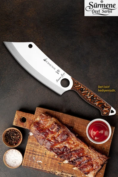 Sürmene Serisi Action Mutfak Şef Bıçağı Bıçak Kamp Bıçağı Deri Kılıflı Kahve Verzalit Sap HDS-124 ürün görseli 1