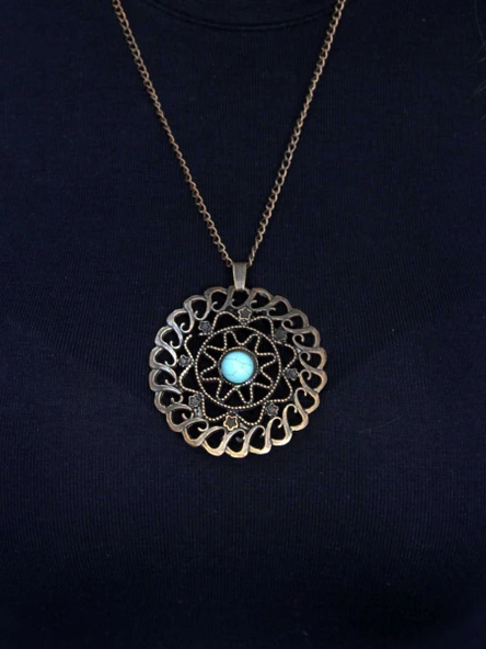 Doğal Taş Firuze Doğal Taşlı Yuvarlak Model Kadın Antik Kolye euk47f - Resim 3