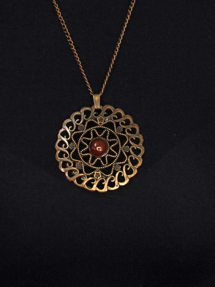 Doğal Taş Akik Doğal Taşlı Yuvarlak Model Antik Kadın Kolye euk47a - Resim 3