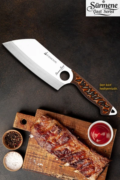 Sürmene Serisi K Şef Mutfak Şef Bıçağı Bıçak Kamp Bıçağı Deri Kılıflı Kahve Verzalit Sap HDS-126 ürün görseli 1