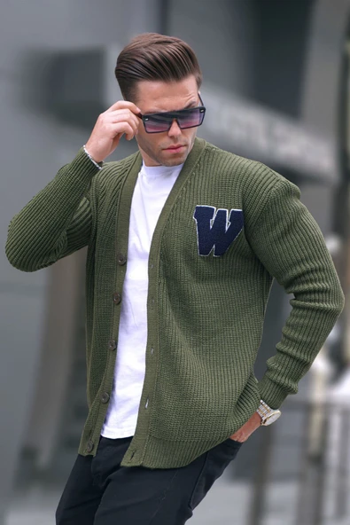 Madmext Haki Basic Nakışlı Örgülü Hırka T6313 ürün görseli 1