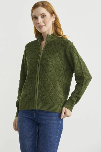 Geometrik Motifli Fermuarlı Yünlü Triko Hırka - Yeşil - Resim 4