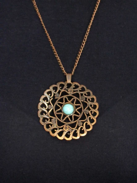 Doğal Taş Firuze Doğal Taşlı Yuvarlak Model Kadın Antik Kolye euk47f - Resim 2
