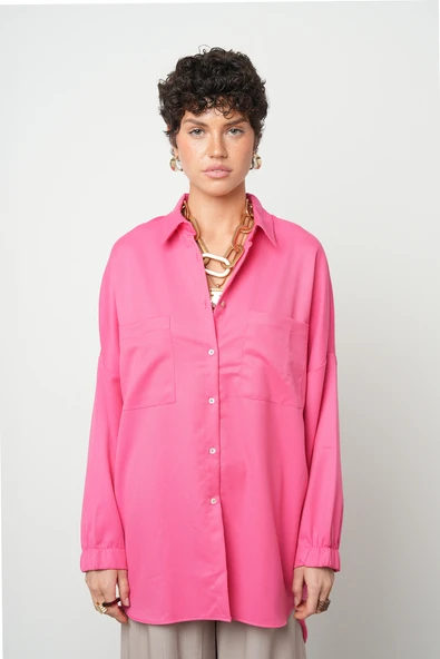 Kadın Düz Renk Tek Cepli Oversize Kesim Gömlek - Resim 6