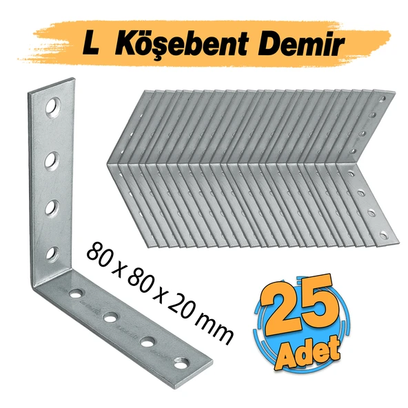 Mobilya Dolap Duvar Sabitleme 25 ADET Metal Köşebent 20x80x80 mm Bağlantı Aparatı L Demiri Gönye - Resim 2