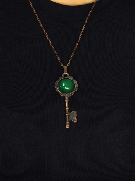 Doğal Taş Yeşil Akik Doğal Taşlı Antik Anahtar Model Kadın Kolye euk35ya - Resim 3