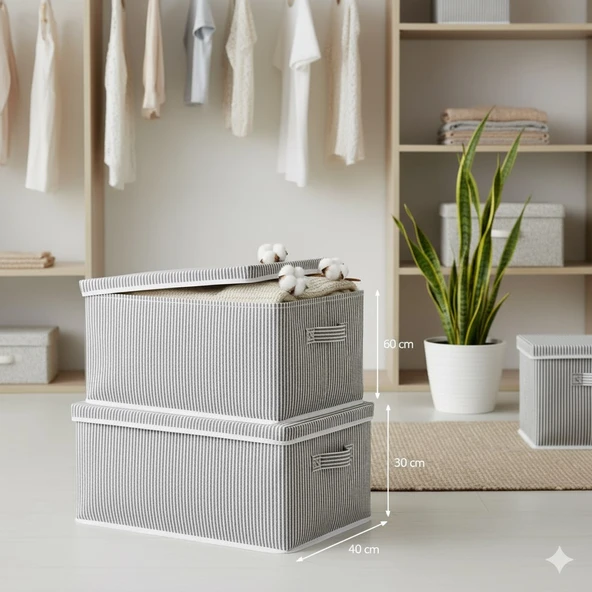 Jasper Hurç Katlanabilir Çizgili Çok Amaçlı Lüks Saklama/Düzenleyici Kutu (60x40x30 cm) – Kapaklı, Ekstra Dayanıklı, Kırışıklık Önleyici - Resim 2
