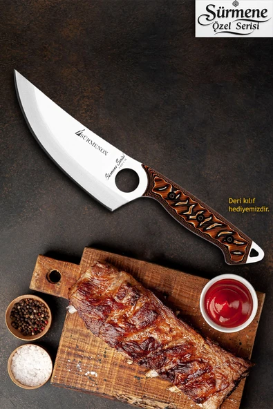 Sürmene Serisi Sivri Mutfak Şef Bıçağı Bıçak Kamp Bıçağı Deri Kılıflı Kahve Verzalit Sap HDS-125 ürün görseli 1