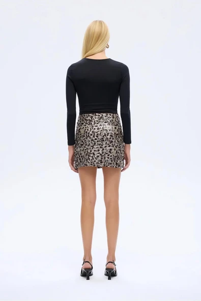 Quzu Leopar Desenli Payetli Mini Etek - Resim 5