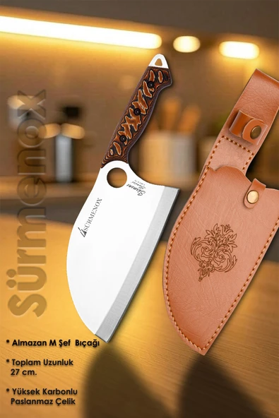 Sürmene Serisi K Almazan Mutfak Şef Bıçağı Bıçak Kamp Bıçağı Deri Kılıflı Kahve Verzalit Sap HDS-122 - Resim 2