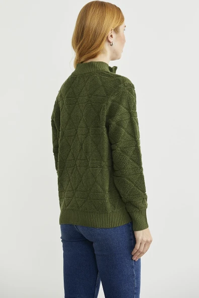 Geometrik Motifli Fermuarlı Yünlü Triko Hırka - Yeşil - Resim 6