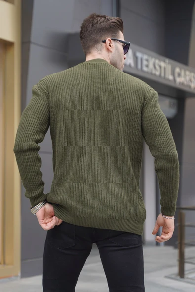 Madmext Haki Basic Nakışlı Örgülü Hırka T6313 - Resim 2