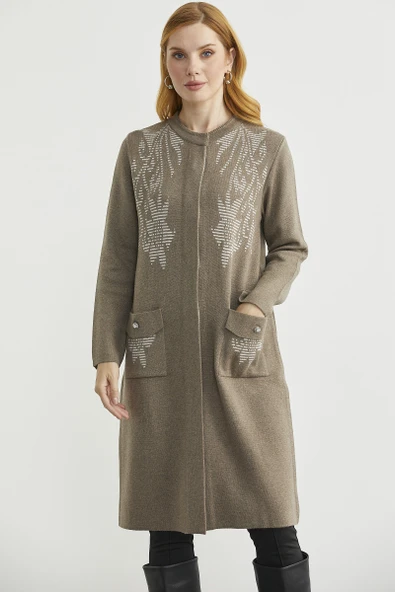 Uzun Cep Detaylı Yünlü Triko Hırka - Sütlü Kahve - Resim 2