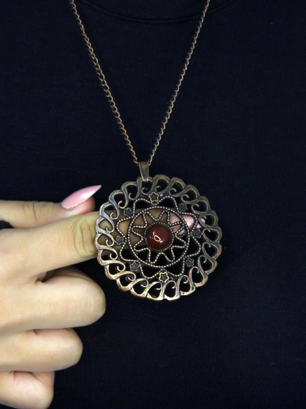 Doğal Taş Akik Doğal Taşlı Yuvarlak Model Antik Kadın Kolye euk47a ürün görseli