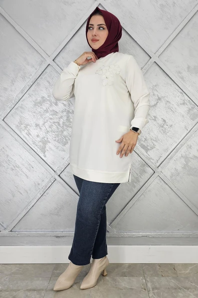 KADIN DİKME ÇİÇEK DETAYLI TESETTÜR TUNİK - Resim 3