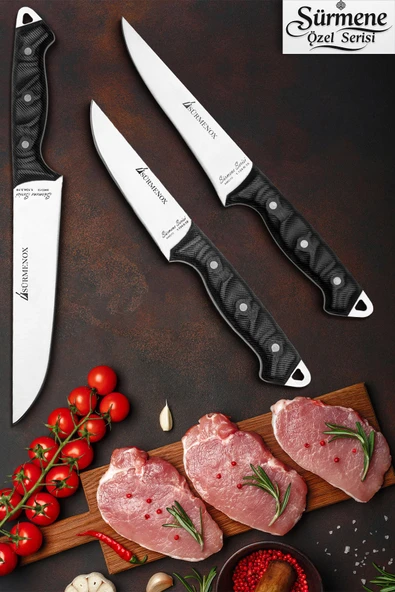 Sürmene Serisi Mutfak Bıçak Seti Et Ekmek Sebze Bıçağı 3 Lü Siyah Verzalit Sap HDS-148 ürün görseli 1