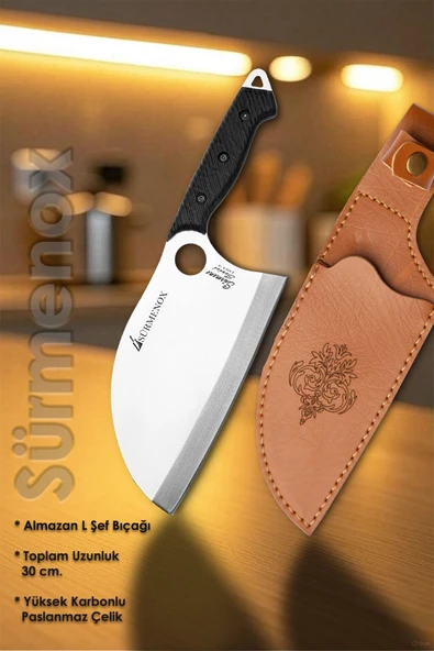 Sürmene Serisi B Almazan Mutfak Şef Bıçağı Bıçak Kamp Bıçağı Deri Kılıflı Siyah Verzalit Sap HDS-136 - Resim 2