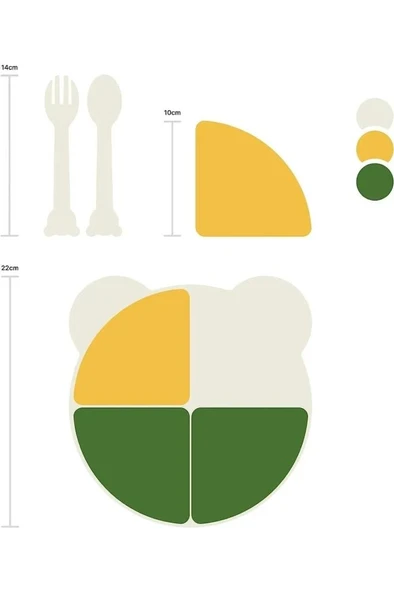 4 Bölmeli Çıkarılabilir Ayıcık Desenli 7 Parça Mama Yemek Tabağı ve Çatal Kaşık Seti BPA FREE - Resim 2