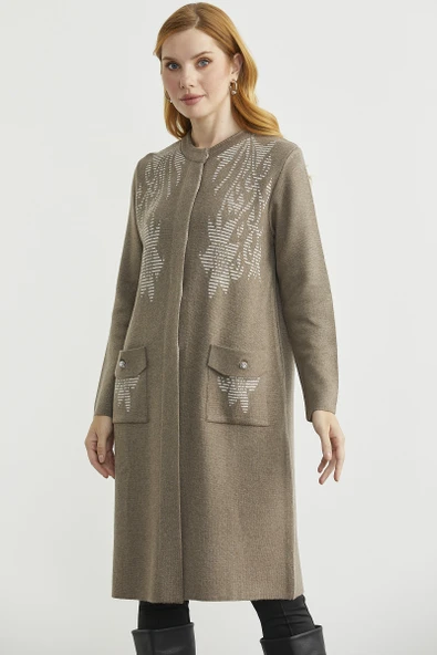 Uzun Cep Detaylı Yünlü Triko Hırka - Sütlü Kahve - Resim 3