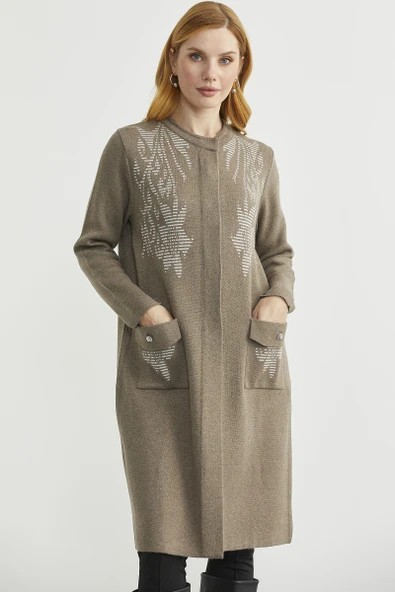 Uzun Cep Detaylı Yünlü Triko Hırka - Sütlü Kahve - Resim 5