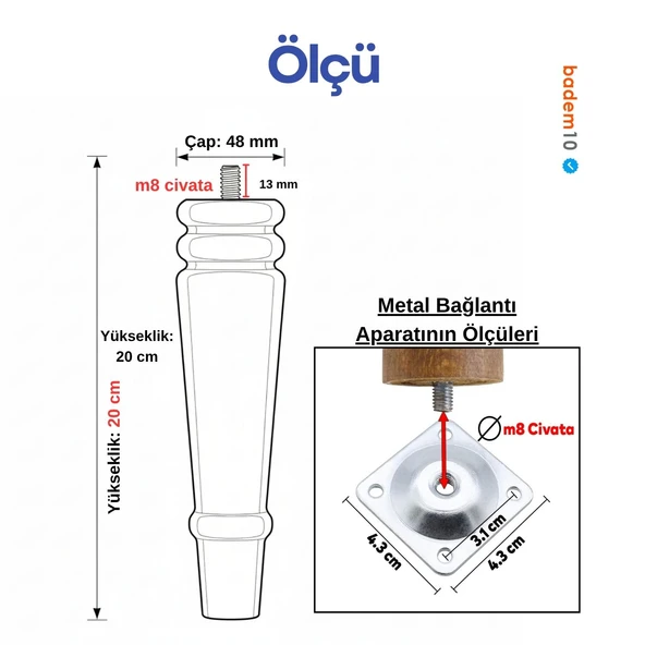 Bohem 20 cm Doğal Ahşap Ayak Boyasız Ham Silindir Mobilya Koltuk Kanepe Ayağı Metal Aparat Dahil - Resim 4