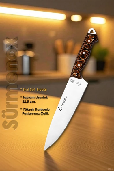 Sürmene Serisi Sivri Mutfak Şef Bıçak Et Ekmek Sebze Salata Şef Bıçağı Kahve Verzalit Sap HDS-131 - Resim 2