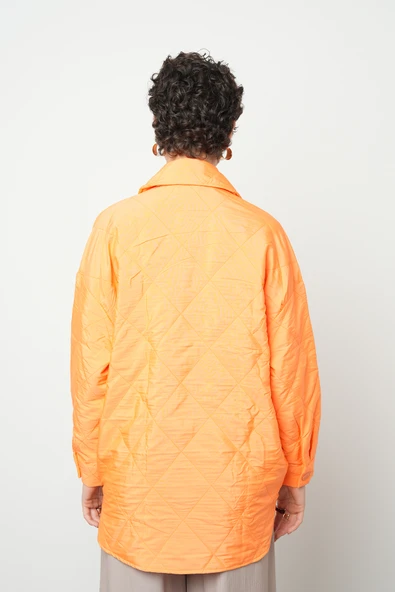 Kadın Çift Cepli Turuncu Renk Oversize Kalıp Gömlek-Ceket - Resim 4